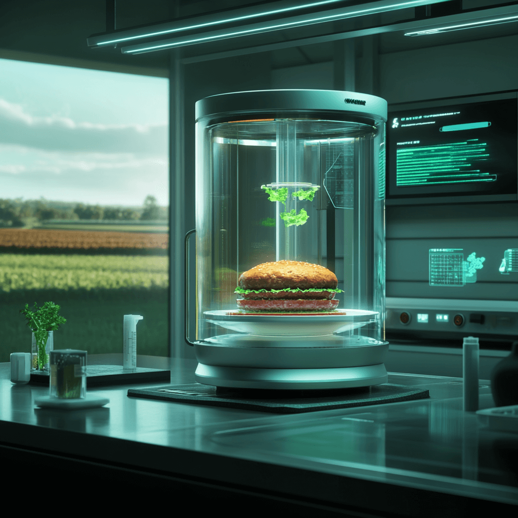 Futuristic kitchen with a glowing bioreactor growing lab-grown meat, symbolizing the shift from traditional farming to sustainable food tech.