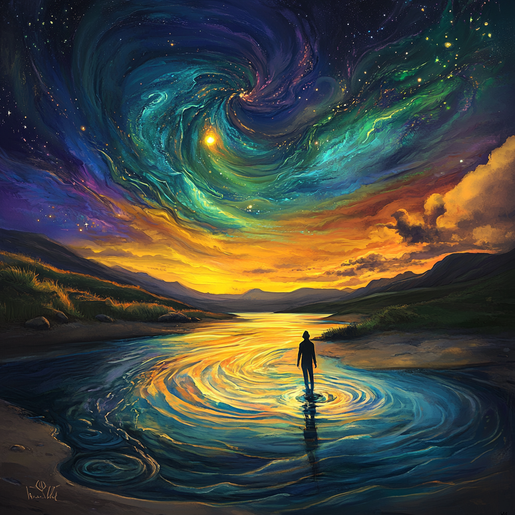A glowing river flowing through a cosmic landscape, with ripples of energy shaping reality around it, symbolizing the universal flow of existence.