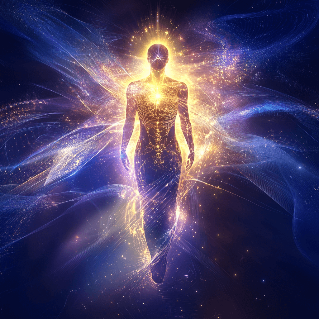 A glowing human silhouette within a quantum energy field, surrounded by layers of colored frequency waves, sacred geometry, and cosmic patterns—symbolizing soul awareness and spiritual awakening.