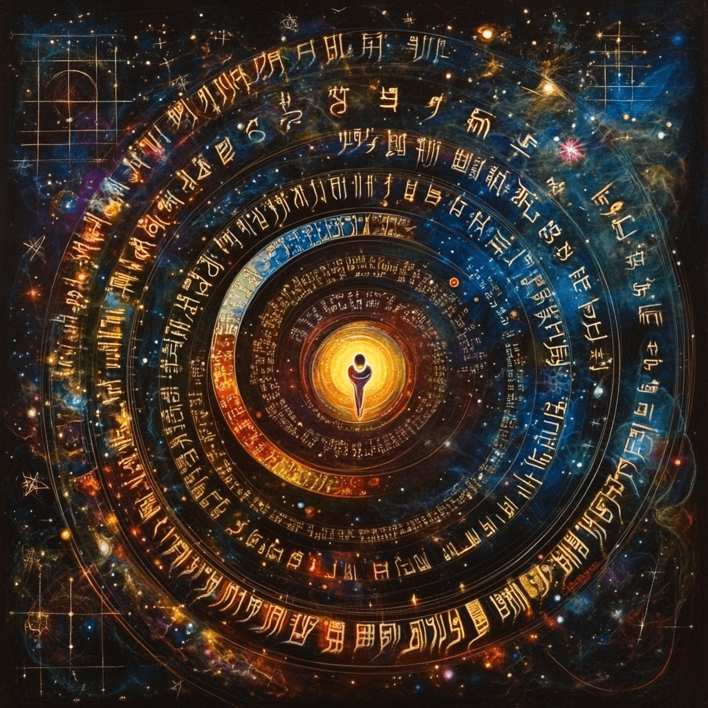 Sacred Hebrew letters emitting frequencies in a cosmic spiral, symbolizing the connection between sound, consciousness, and creation