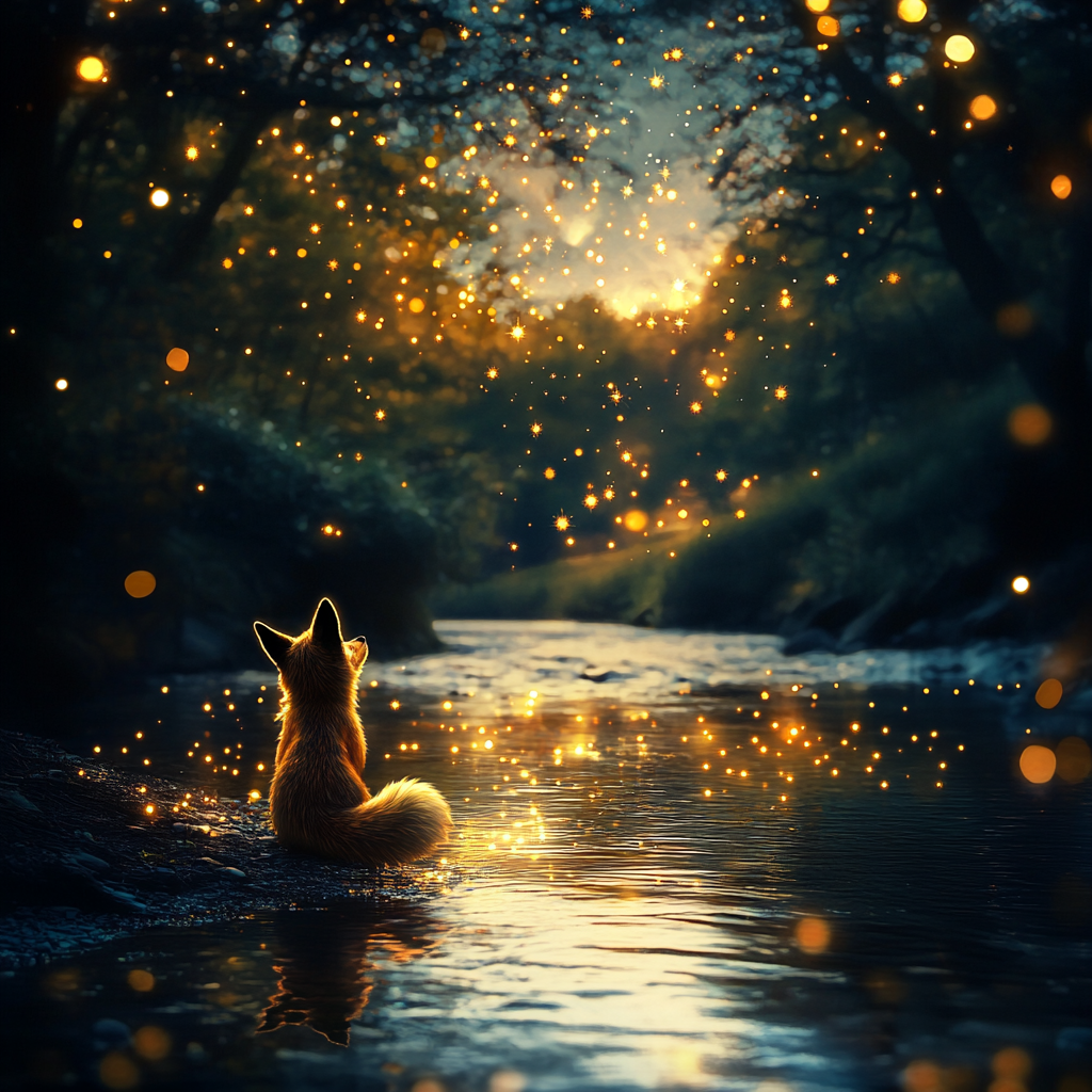 A golden-lit valley with a glowing river and a young fox stepping into the water, symbolizing transformation and awakening.