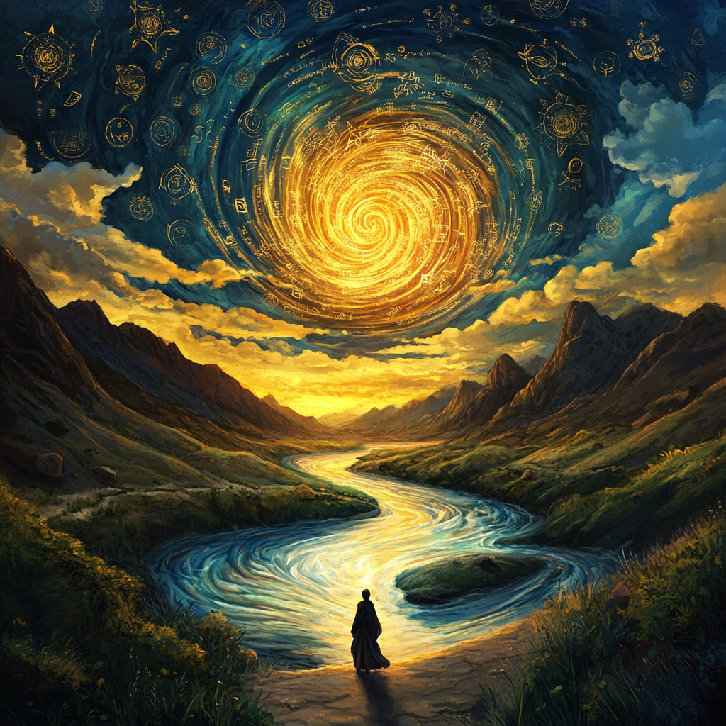 A glowing river of light flowing through a vast cosmic landscape, filled with hidden symbols and energy frequencies representing ancient wisdom.