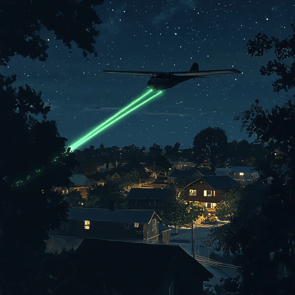 Illustration of a low-flying Cessna aircraft over a suburban neighborhood at dusk, with residents looking up in concern, hinting at Randigo LLC’s mysterious aerial surveillance activities.