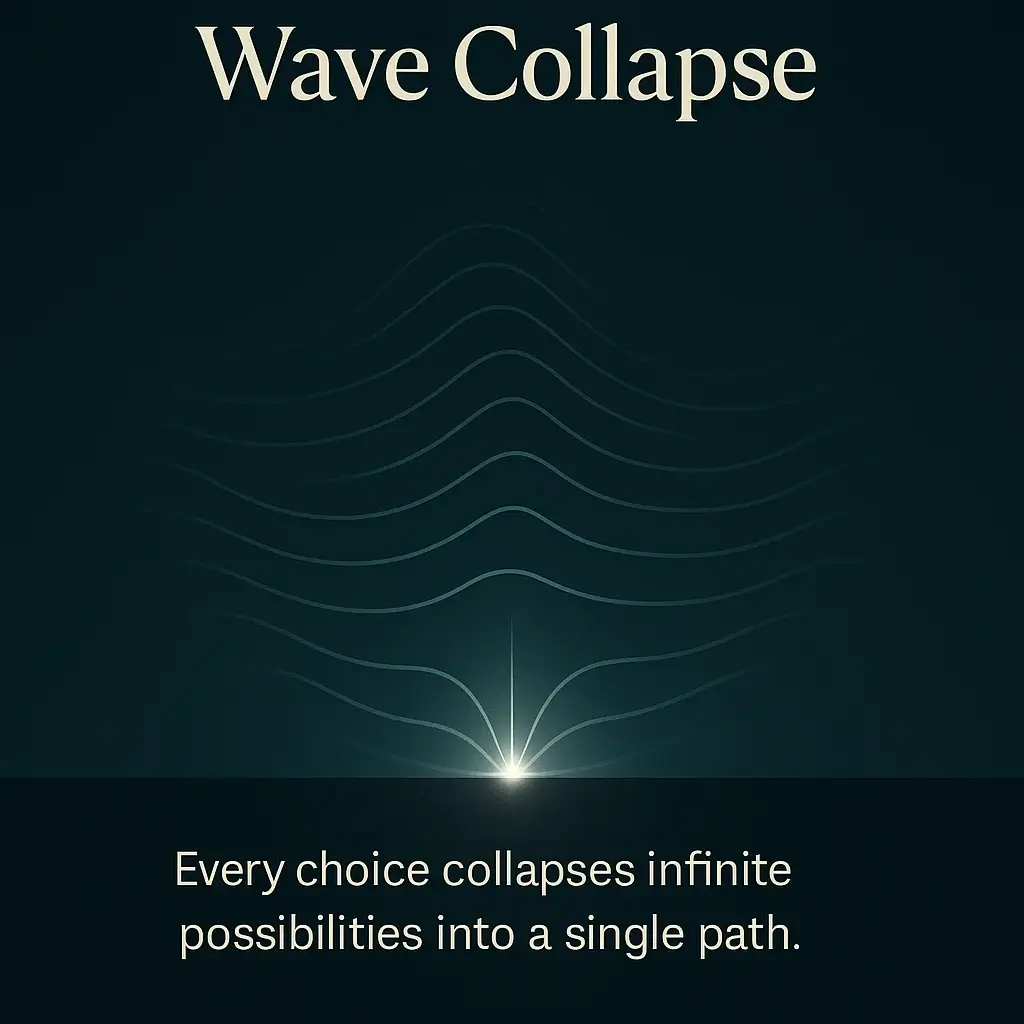 Wave collapsing into a point of light with ancient text and cosmic field
