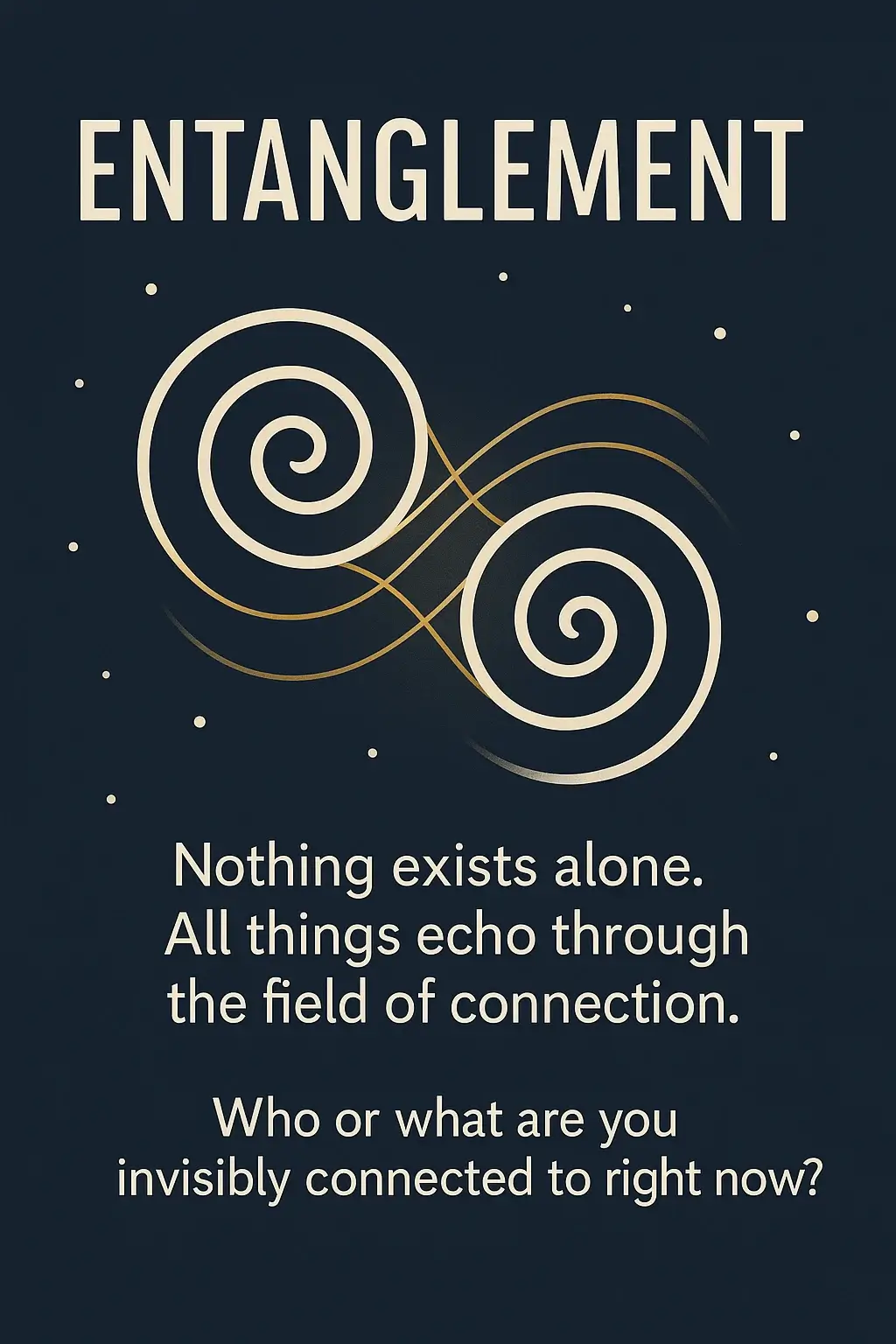 Two figures connected by golden threads of light with ancient symbols in a cosmic space