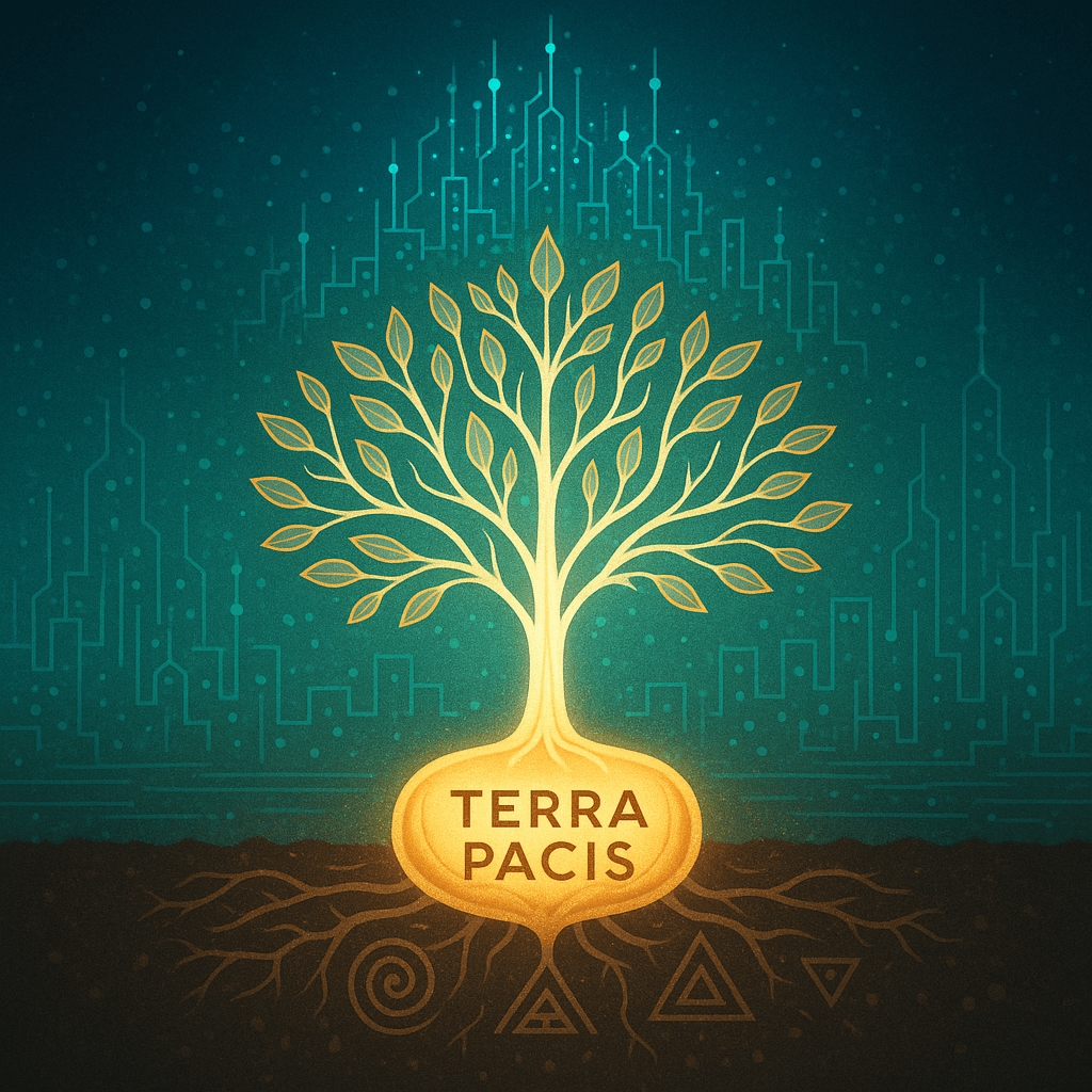 A glowing seed growing into a digital tree, its roots forming ancient symbols while its branches connect into a peaceful, interconnected city made of light.