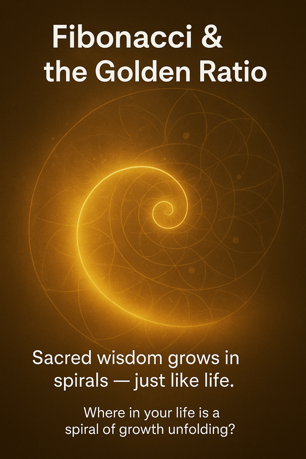 Golden Fibonacci spiral overlaying sacred geometry and ancient text fragments