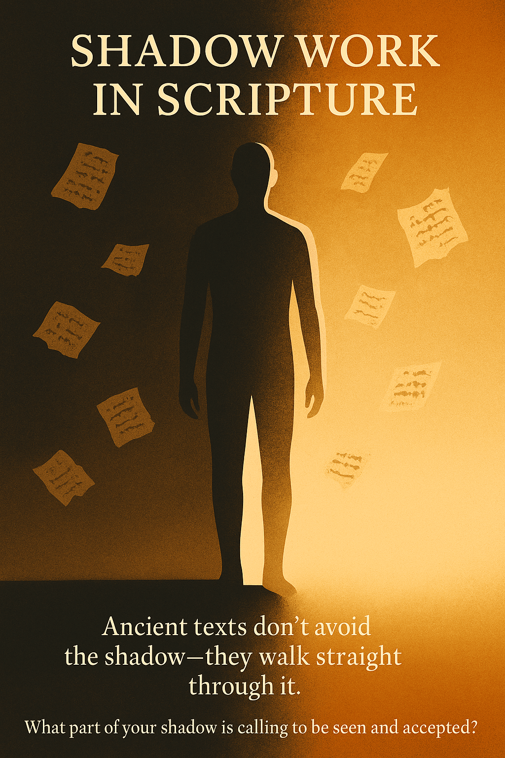 Silhouette between light and shadow with symbolic script and torn sacred text elements