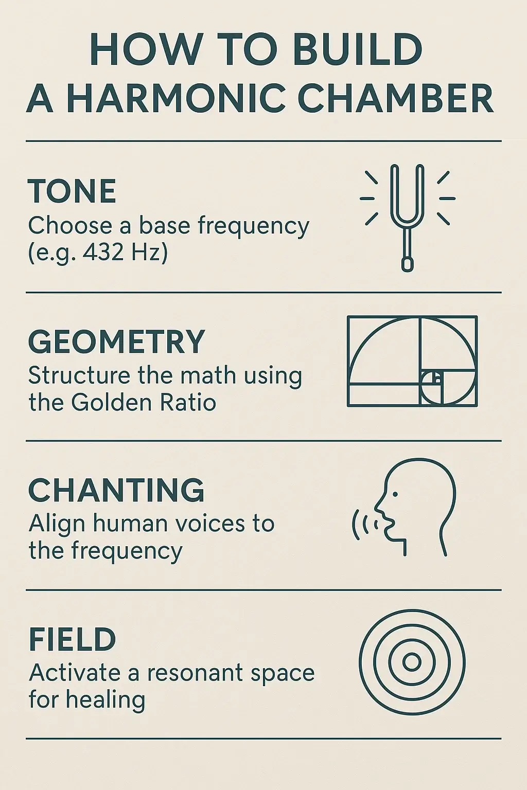 A harmonic chamber built through resonance, featuring a core tuning fork frequency and human voice alignment using the Golden Ratio.