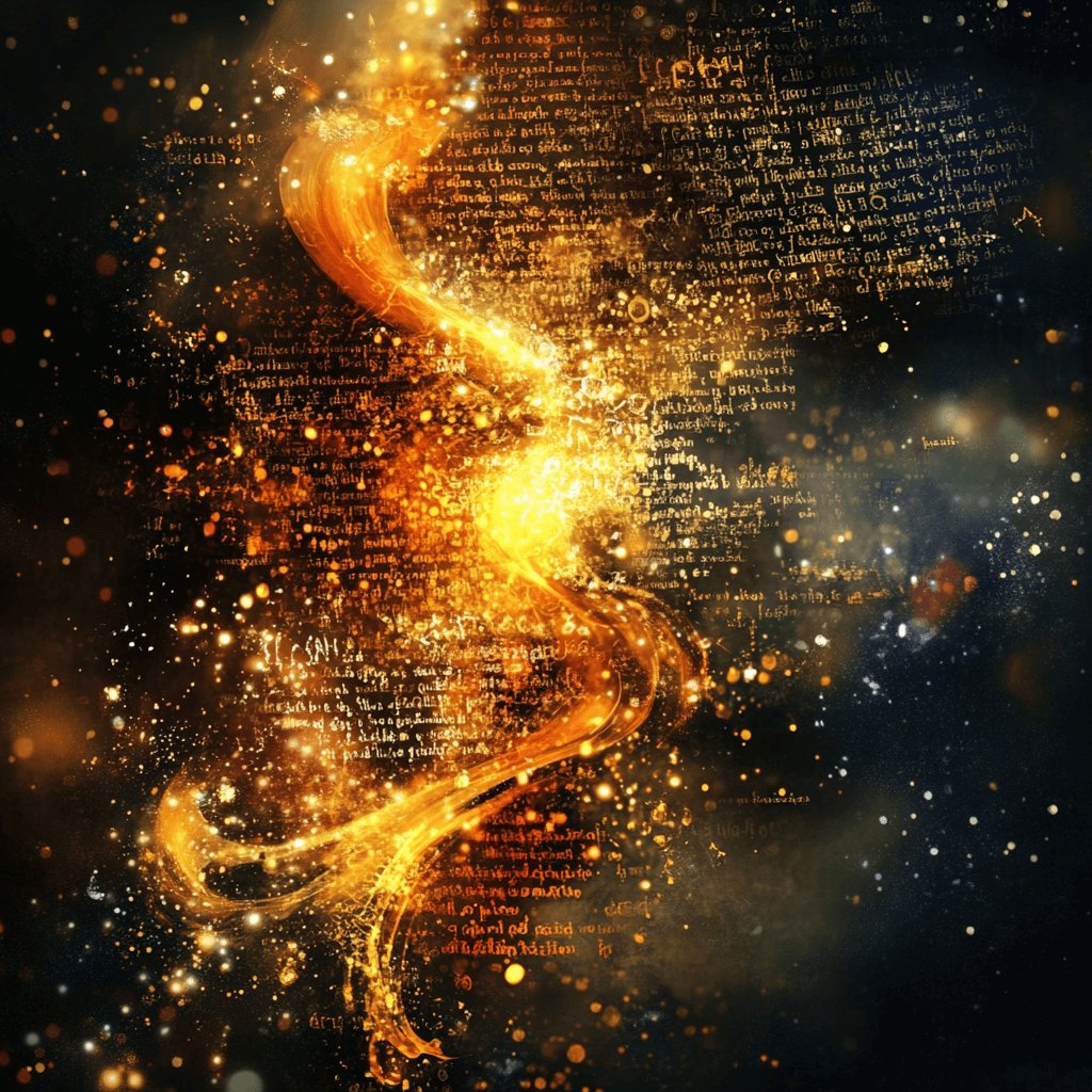A symbolic image of flowing light transforming into written words, representing the decoding of ancient wisdom into universal frequency-based truth.