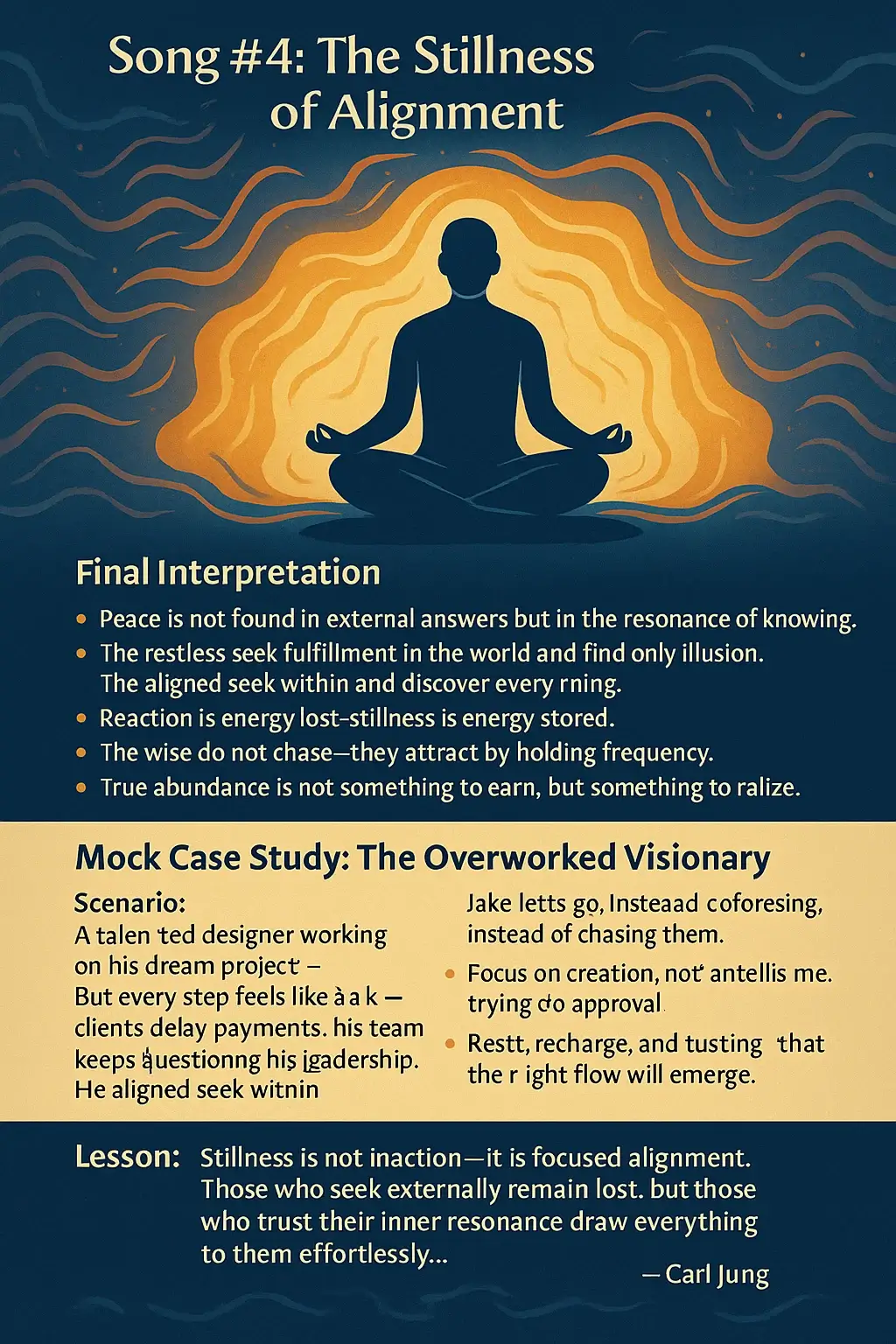 A figure sitting calmly in the center of a swirling energy field. Around them, waves of chaotic energy move, but they remain untouched—serene and powerful, radiating alignment.