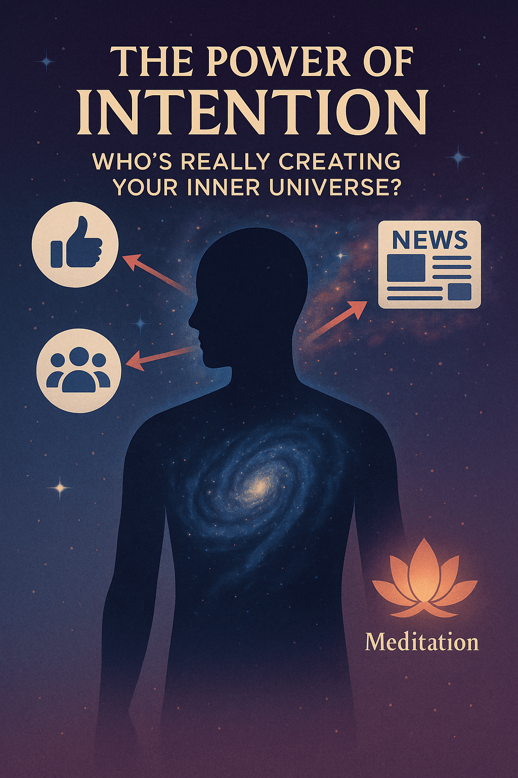 Visual representation of a human figure surrounded by cosmic energy, with external arrows and labels influencing the figure’s thoughts, symbolizing manipulated intention.