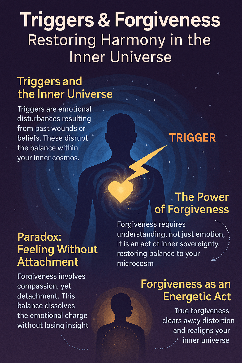 Infographic illustrating the role of emotional triggers and forgiveness in personal growth. Features a human figure with inner cosmic imagery, energy waves symbolizing emotional responses, and clear steps for recognizing triggers and practicing true forgiveness.