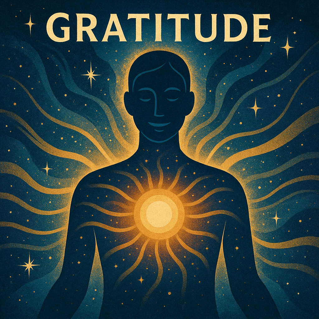 A cosmic visualization of gratitude radiating from a human figure, representing harmony between inner and outer worlds.