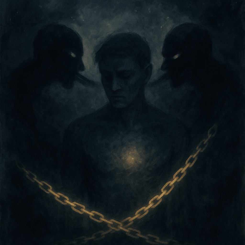 An artistic depiction of a soul weighed down by deceptive spiritual forces, representing the Gnostic idea of a counterfeit spirit.