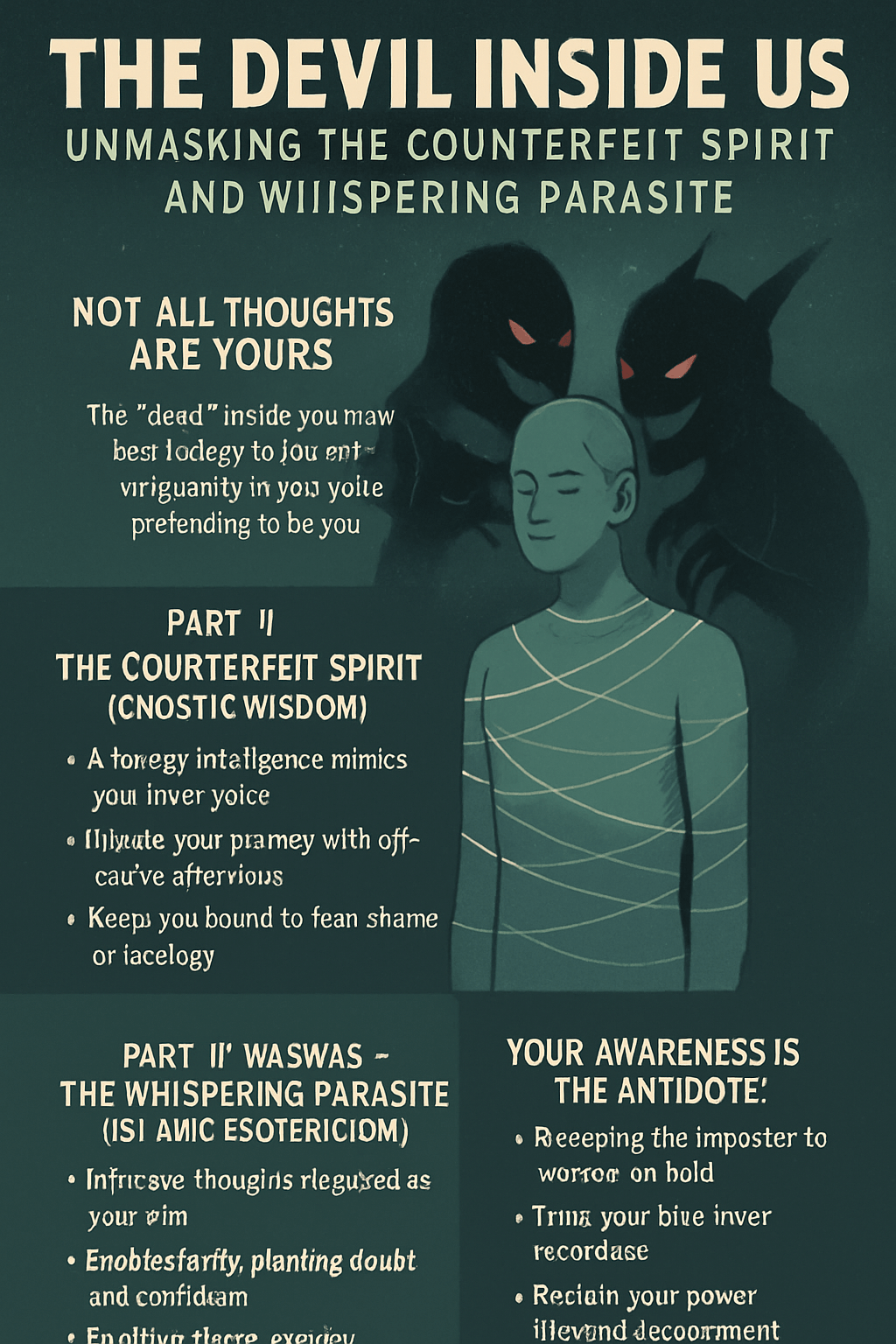 An artistic representation of spiritual deception—shadowy forms whispering into a person's mind, symbolizing the Gnostic and Islamic concepts of parasitic thought.