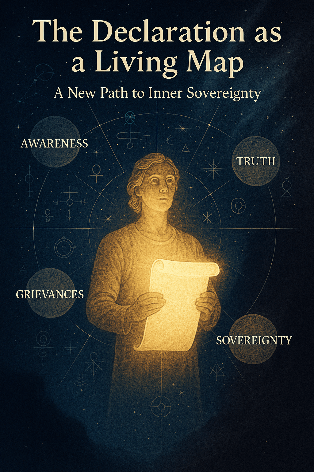 A symbolic illustration of a person holding a scroll of light surrounded by cosmic energies, representing the Declaration as a spiritual map of personal sovereignty.