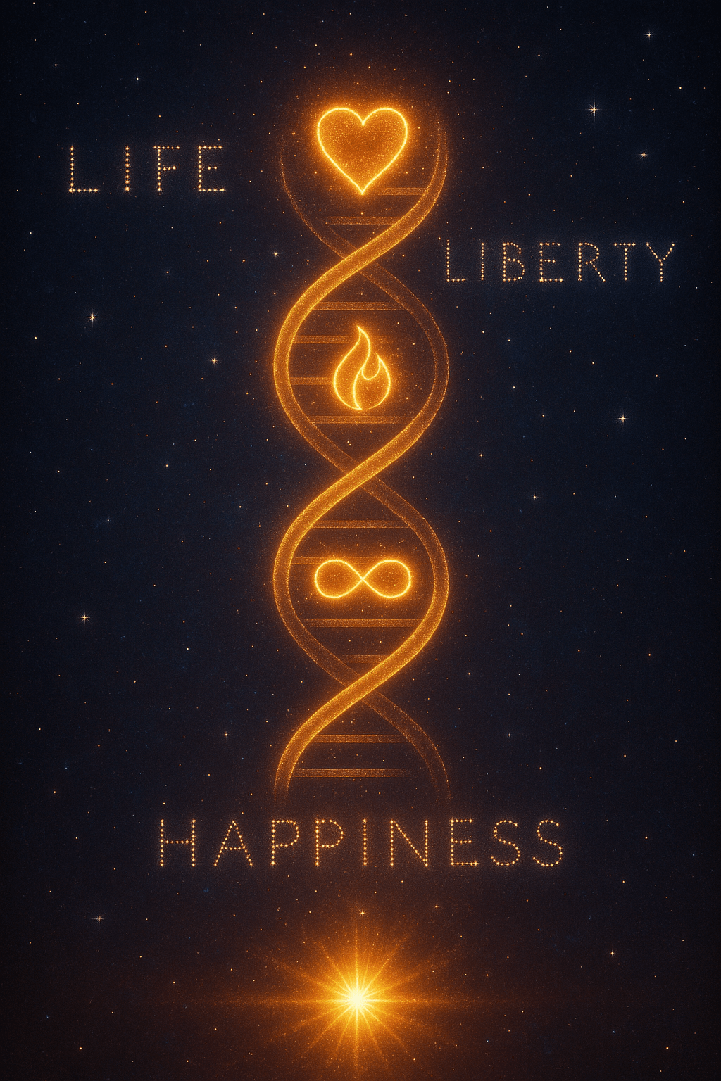 A glowing DNA strand floats in the darkness of space, illuminated with a warm golden light. Within its spiraling structure are embedded three symbols: a heart, a flame, and an infinity sign. Surrounding the helix, stars form the words “Life,” “Liberty,” and “Happiness,” symbolizing innate human rights encoded within the essence of being. The backdrop is a cosmic field of stars, creating a serene and empowering atmosphere.