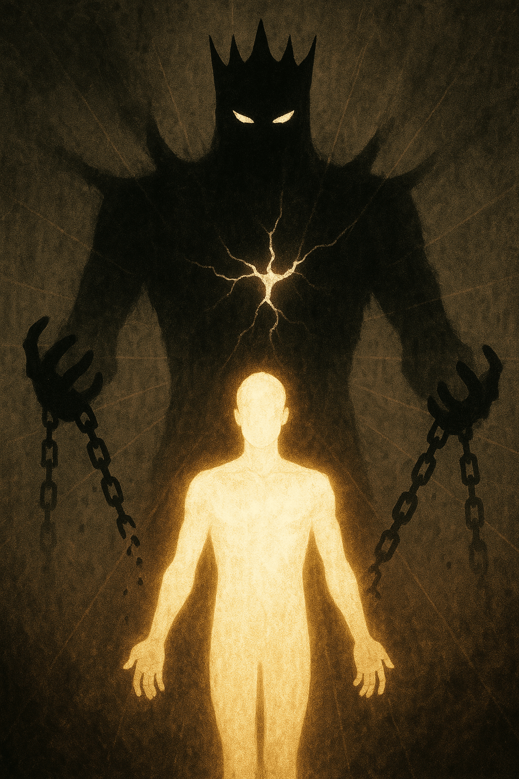 A digital illustration depicts two figures: a shadowy, crowned giant with glowing eyes looms behind a radiant humanoid silhouette. Chains fall broken from the shadow figure’s wrists, and light bursts through cracks in its chest. The glowing figure stands calmly in front, bathed in golden light, symbolizing transformation and liberation.