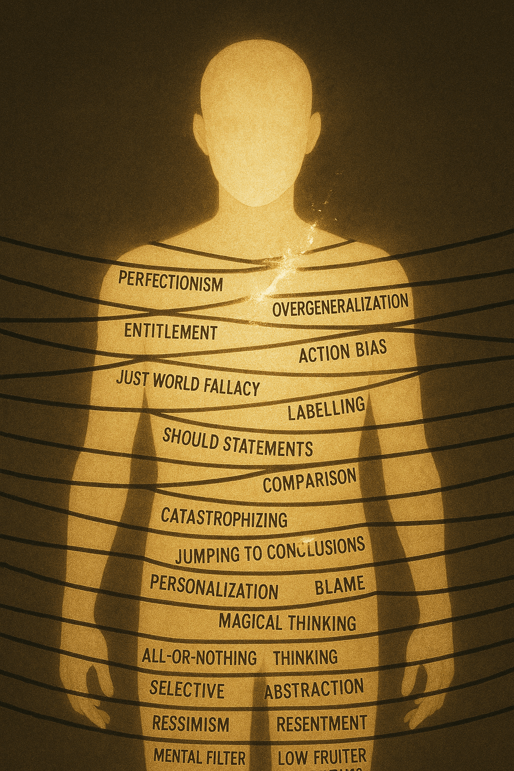 A textured digital illustration depicts a glowing human silhouette wrapped in 27 dark threads. Each thread is labeled with a different cognitive distortion, such as “perfectionism,” “entitlement,” and “catastrophizing.” From the figure’s chest, a radiant light rises upward, dissolving the first few threads and symbolizing the beginning of inner healing and release from negative thinking patterns.