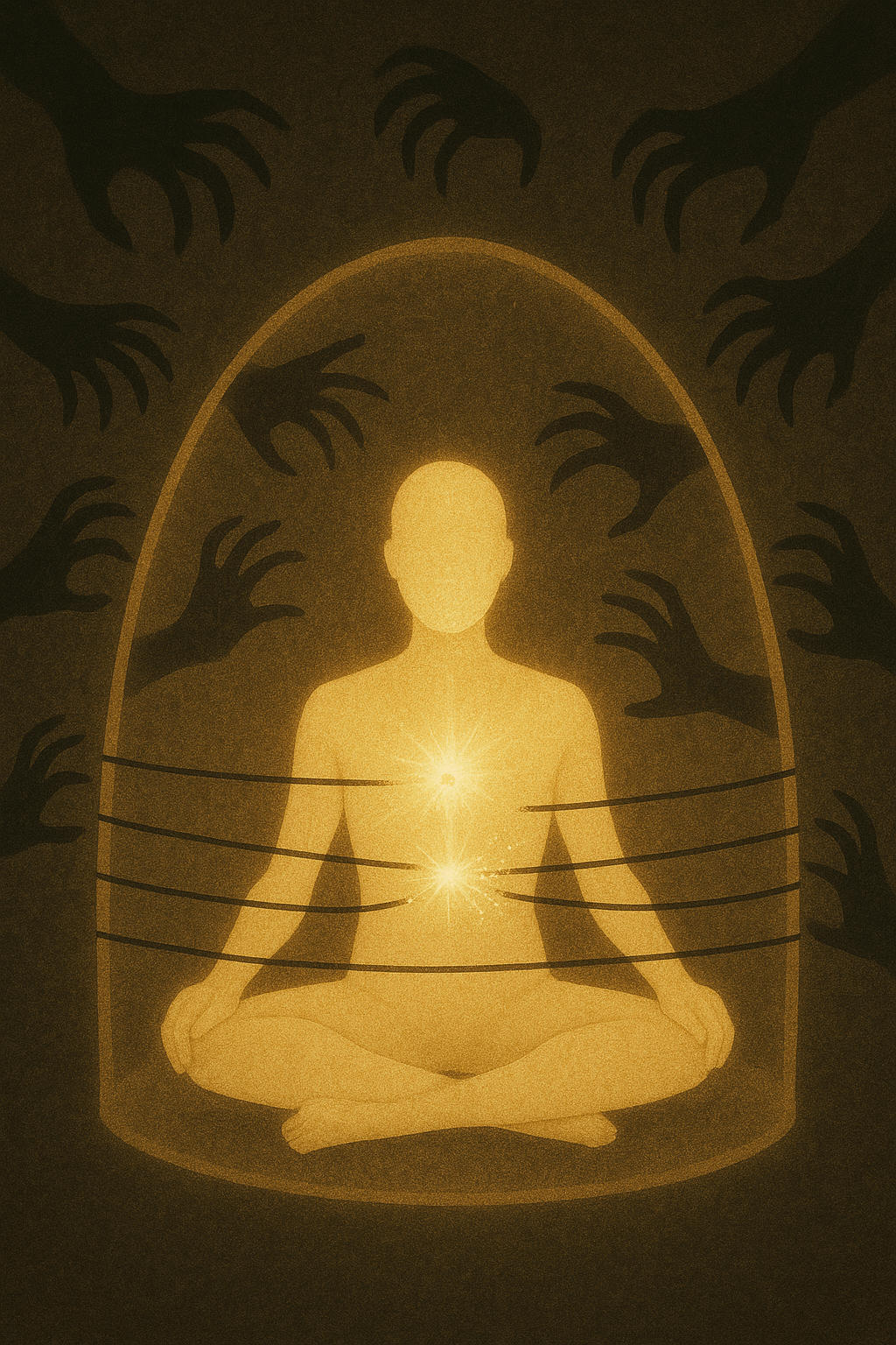 A glowing figure sits cross-legged within a dome of radiant light, centered in a dark space. Shadowy hands reach inward from all directions, unable to penetrate the dome. Threads wrap around the figure’s torso, but five of them visibly snap as golden light pulses outward from both the heart and solar plexus, symbolizing inner strength dissolving negative restraints.