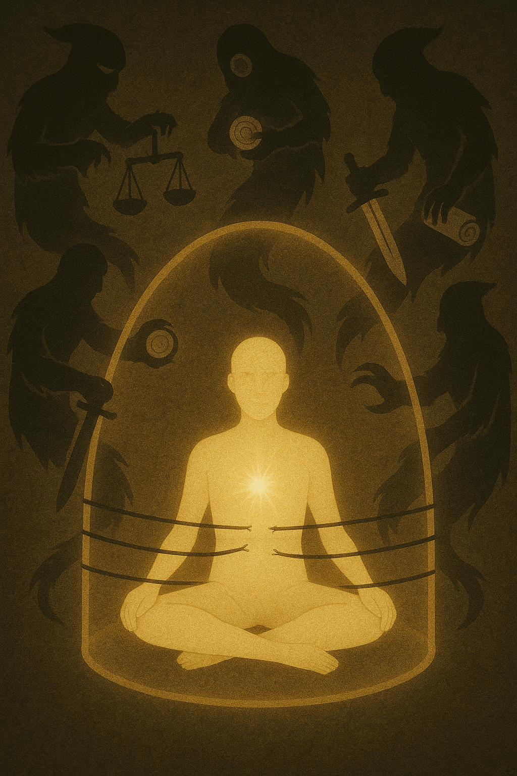 A glowing human figure sits peacefully in a cross-legged position inside a dome of radiant energy. Five dark, spectral beings surround the dome, each trying to push through. Each entity holds a symbolic object: a scale, a coin, a scroll, a sword, and an eye. Several threads snap around the figure’s body as the inner light expands from the heart, representing resilience against external forces.