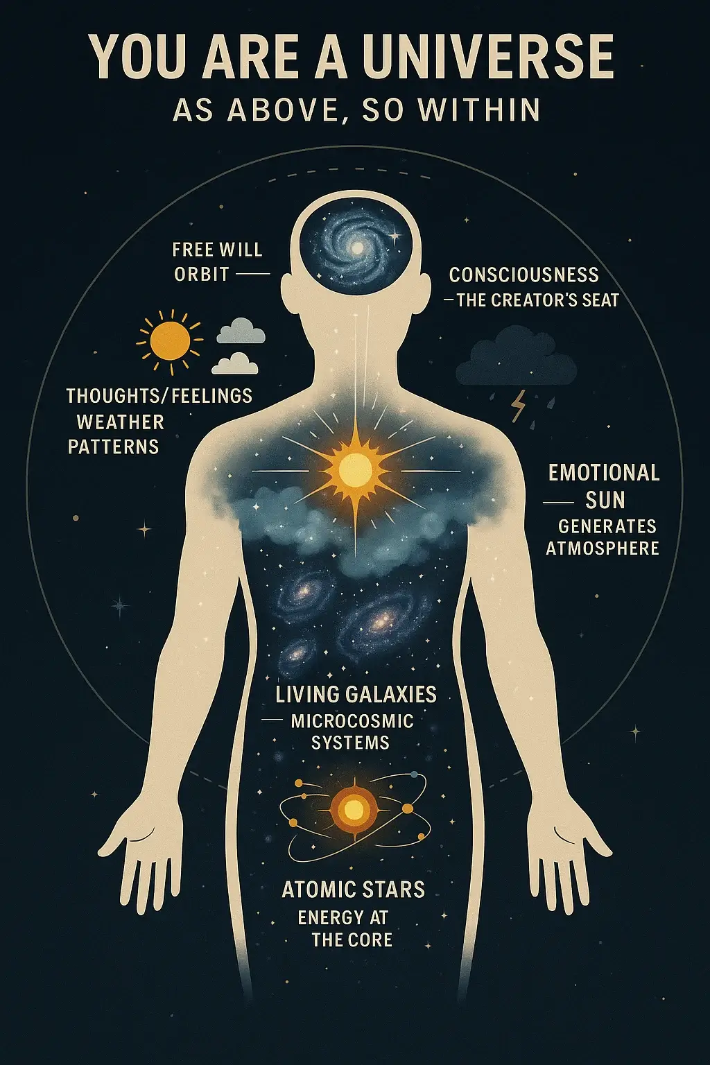 Infographic of a human figure filled with cosmic imagery, illustrating the philosophy of the inner universe. Includes labels showing the brain as the galaxy core (consciousness), heart as the emotional sun, cells as galaxies, atoms as stars, and thoughts/emotions as weather patterns.