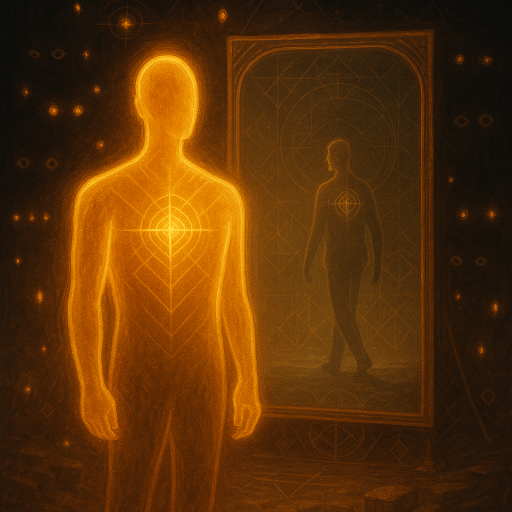 A digital painting depicts a luminous figure standing before a grand mirror, surrounded by darkness and glowing eyes. In the mirror, their quieter, truer self walks away into a calm space filled with sacred geometry, symbolizing the journey from ego to essence.