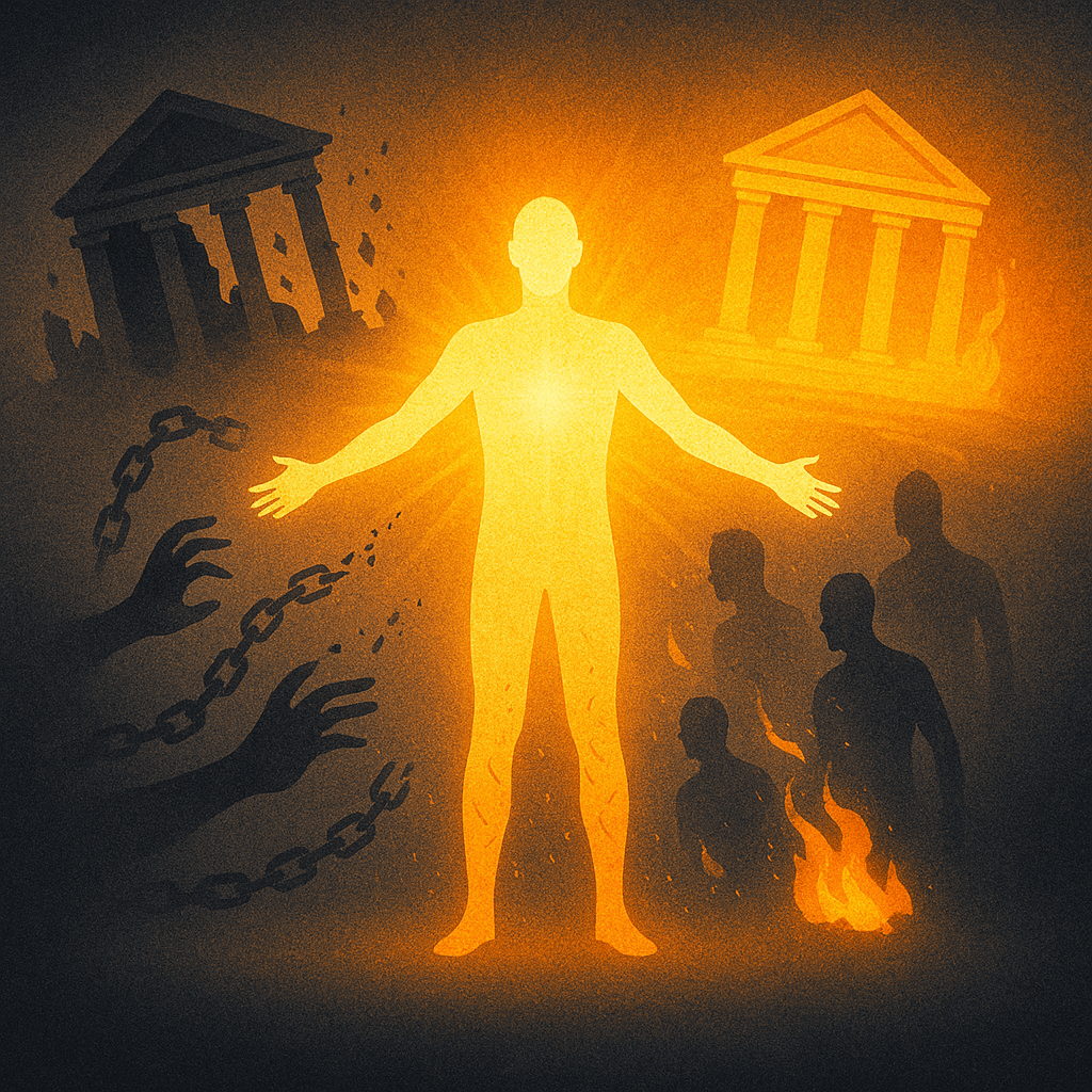 A radiant human figure stands tall with arms extended in full light, symbolizing liberation. Around the figure, chains, shadowy hands, and warped reflections crumble into dust. In the background, a crumbling structure collapses into ruin, while a new, glowing building begins to rise, representing transformation, release, and rebirth.