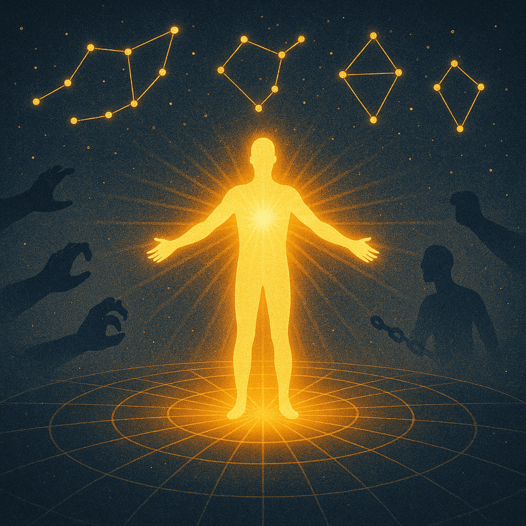 A radiant human figure stands at the center of a vast cosmic grid, arms open wide as golden energy flows symmetrically from the heart. Above, glowing constellations align in perfect harmony across a dark starry sky. The surrounding space blends shadowy figures and celestial symbols, emphasizing connection, alignment, and universal balance.