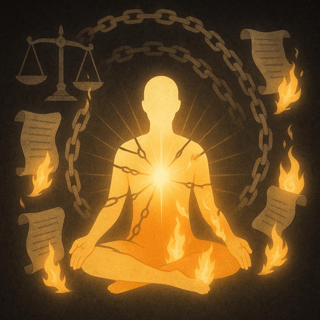 A glowing human figure sits cross-legged, radiating golden light from the heart. Surrounding the figure are burning legal scrolls, paper-like chains wrapped around the body, and a scale tipped heavily on one side by guilt. As the inner light expands, the scrolls ignite one by one, symbolizing the release of burdens tied to judgment, law, and internalized guilt.
