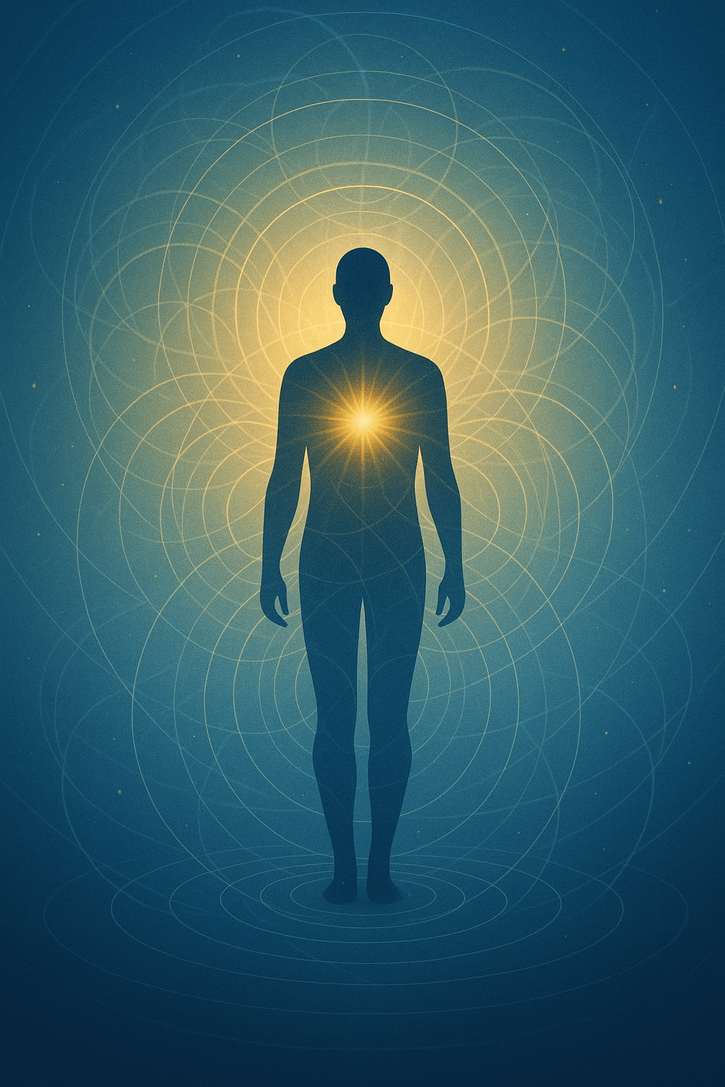 A digital illustration featuring the silhouette of a person standing within a glowing field of golden light and overlapping energy spirals. The background is a deep cosmic blue, symbolizing the vast inner universe. Radiating lines from the heart center represent frequency, resonance, and self-awareness.
