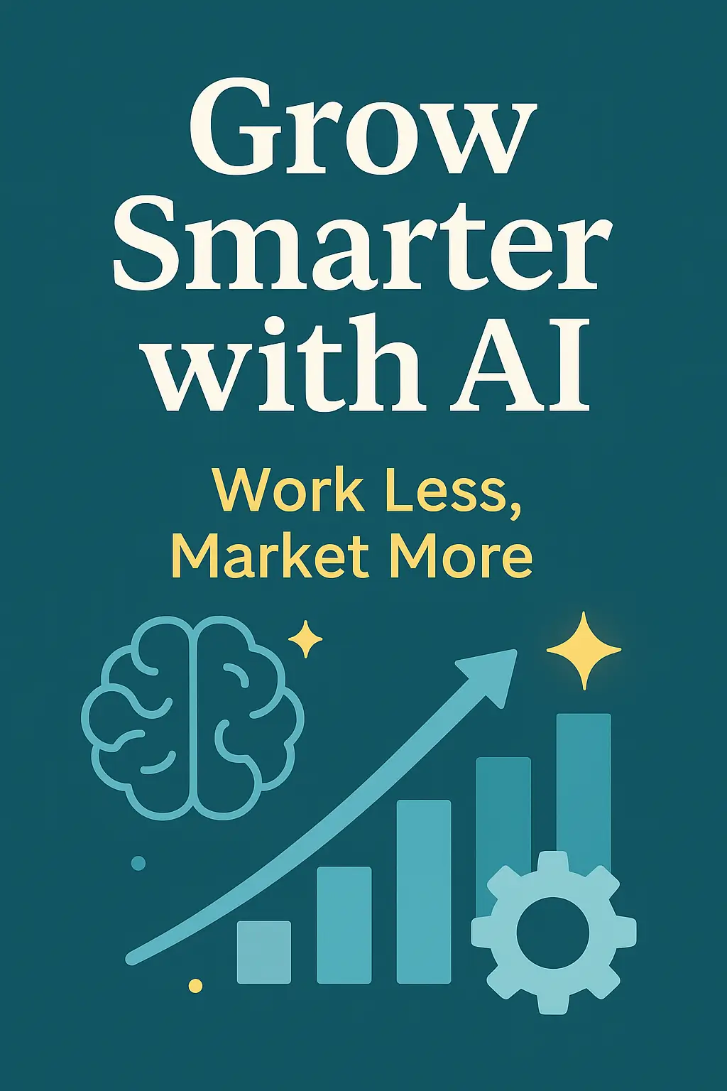 Flat design digital poster with the headline ‘Grow Smarter with AI’ in large white text, and the subheading ‘Work Less, Market More’ in bold yellow below. The design features a teal background with light blue and yellow icons, including a stylized brain, upward-pointing arrow, bar graph, and gear, symbolizing growth, intelligence, and automation.
