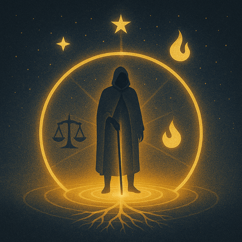 A cloaked figure stands at the center of a radiant golden circle, holding a staff that touches a vertical beam of light. Surrounding the figure are symbols of time: tree roots below representing the past, a flame for the present, and a glowing star above for the future. The staff unites all three, symbolizing balance, wisdom, and temporal connection within a cosmic, mystical setting.
