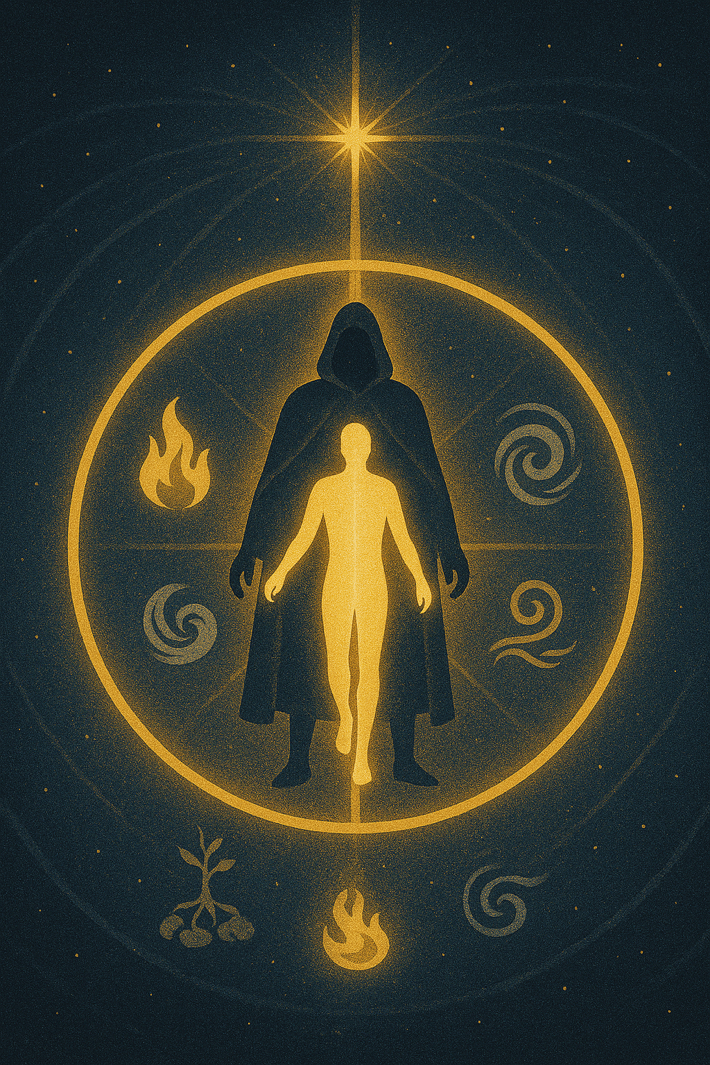 A cloaked magician stands at the center of a glowing golden circle, surrounded by four elemental symbols: a roaring flame for Fire, a swirling wave for Water, a spiraling gust for Air, and rooted stones for Earth. The figure is split into two layers — a shadowy outer form and a luminous inner avatar stepping forward. Above, a cosmic sky bends inward with stars aligning, collapsing timelines into a single beam of light focused on the magician’s chest. The scene evokes self-mastery, creation, and timeless power.