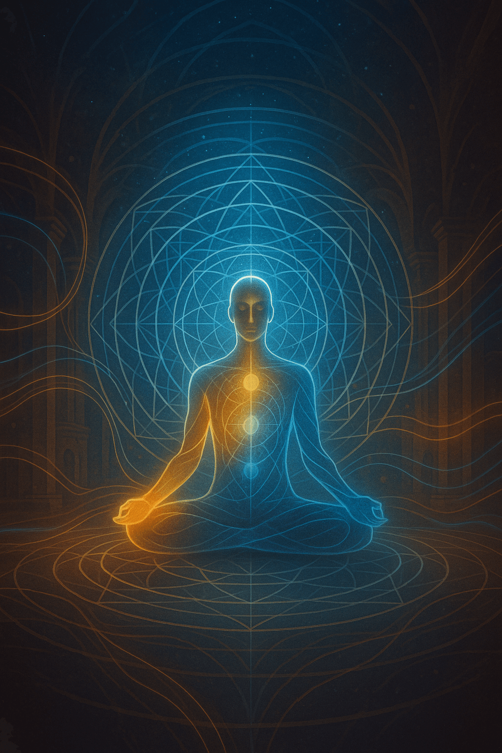 Illustration of Embodied Consciousness Geometry showing a meditating human inside sacred geometric patterns representing energy alignment and awareness.