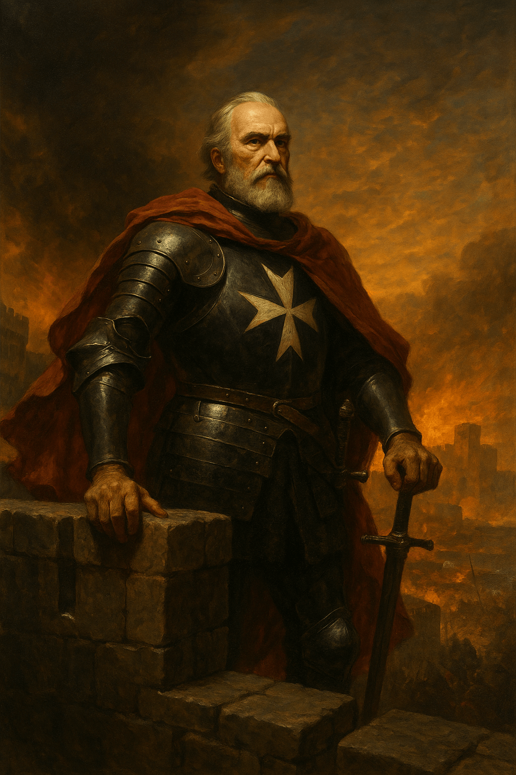Baroque-style oil painting of a bearded knight in black armor with a white Maltese cross on his chest, standing atop a stone fortress wall. He grips a sword and gazes into the distance as flames and smoke rise behind him, symbolizing the siege of Malta. A red cloak billows from his shoulders, highlighting his commanding and heroic presence.