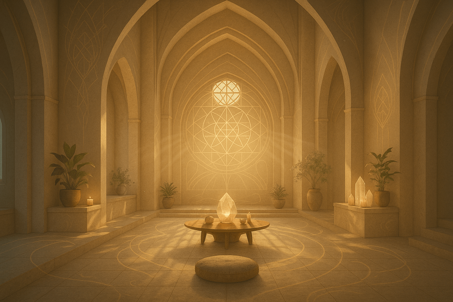 Digital artwork of a sacred interior space designed for conscious living, showing light, symmetry, and energy-enhancing elements like crystals and sacred geometry.