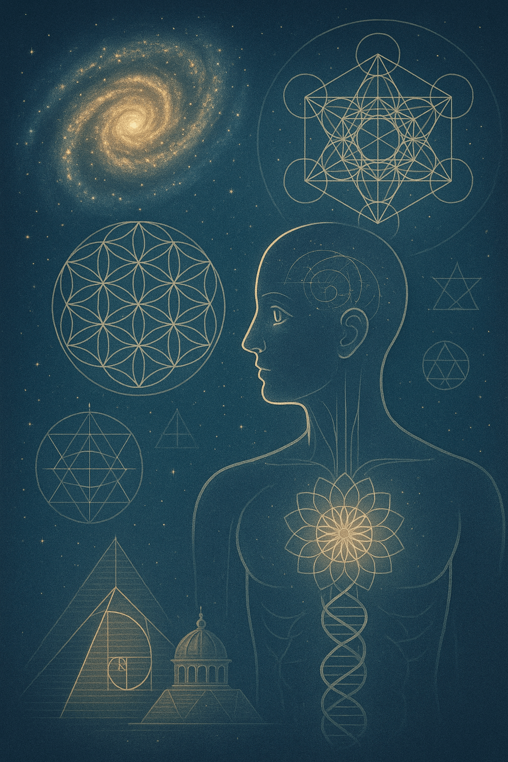 Visionary illustration showing sacred geometry reflected in nature, human anatomy, and ancient architecture, symbolizing the connection between form and consciousness.