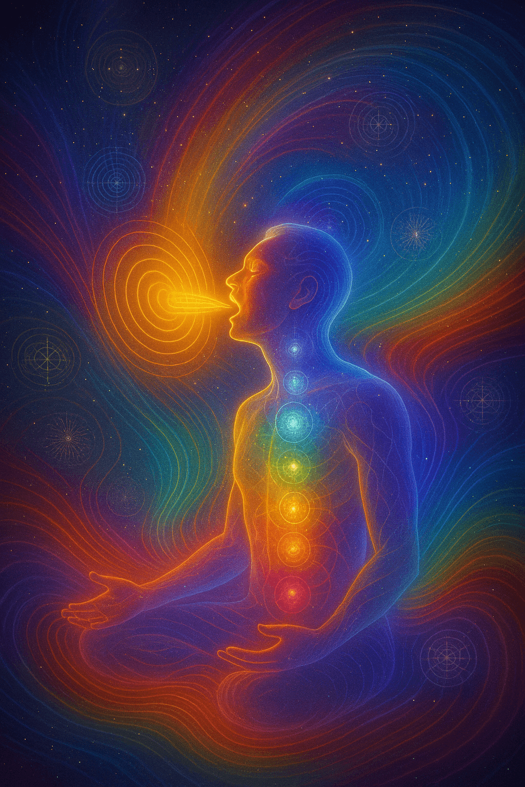 Visionary digital artwork of a human radiating vibration through voice, light, and energy waves, expressing consciousness in motion.