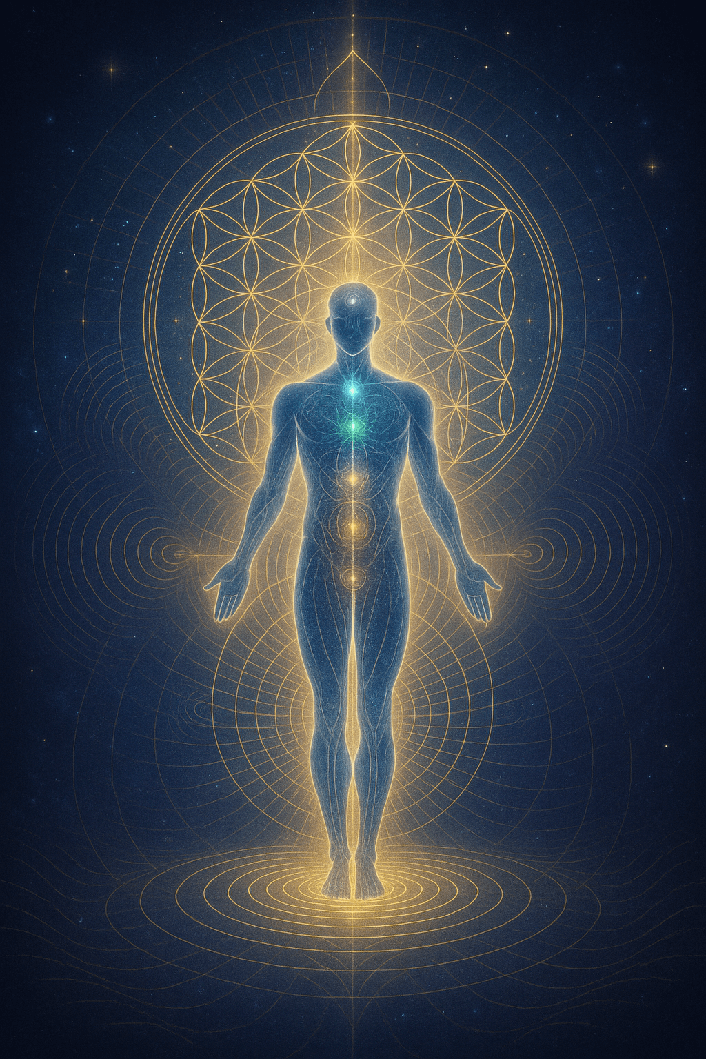 Visionary digital art of a human energy system integrating sacred geometry, vibration, and consciousness into one unified field.
