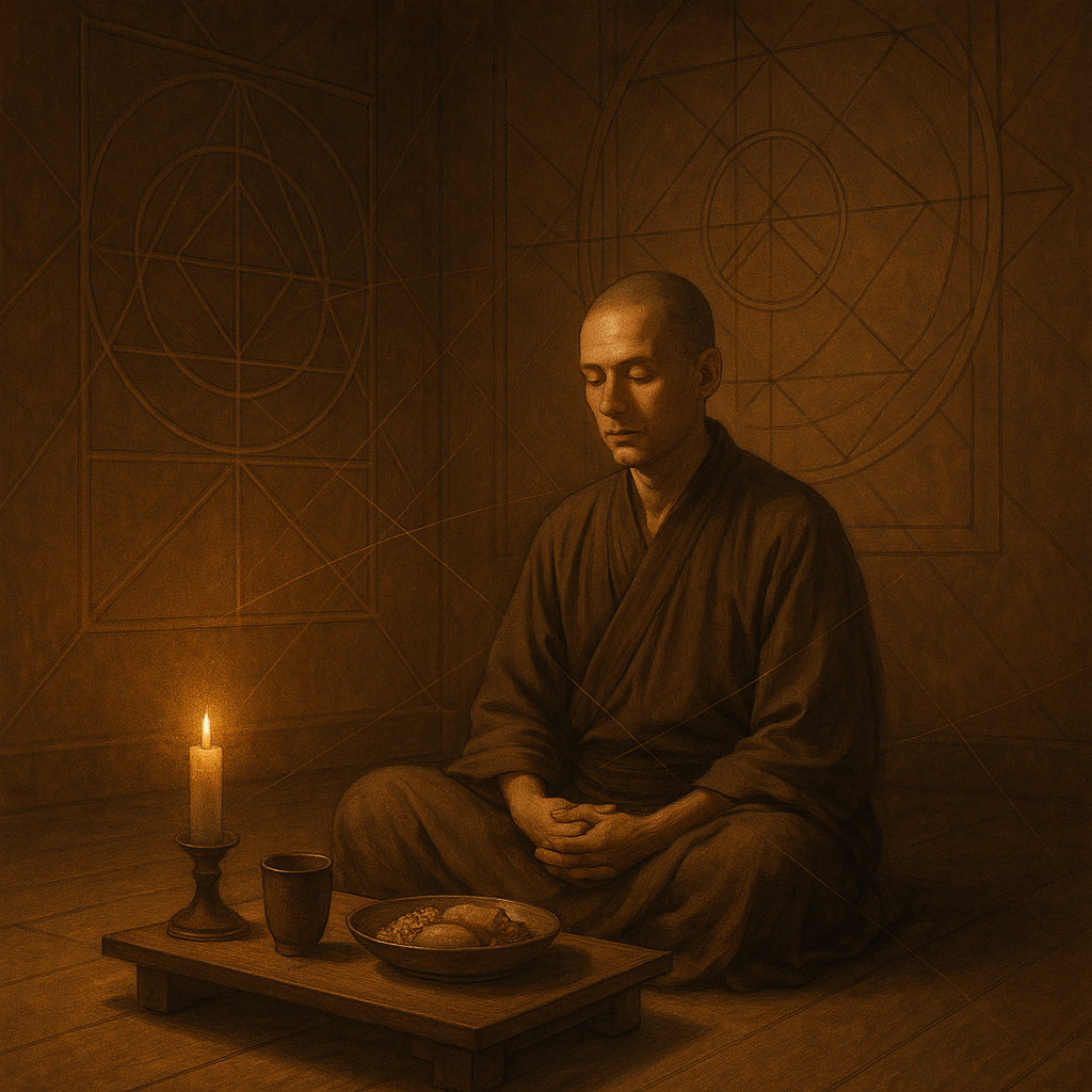 A digital painting of a monk sitting cross-legged in a candle-lit room with sacred geometric patterns on the walls. He sits in peaceful stillness before a small wooden table holding a simple meal, surrounded by a warm, meditative glow.
