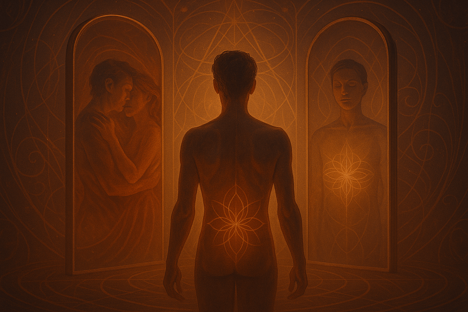 A digital painting depicts a figure standing between two tall mirrors—one showing a passionate embrace, the other a calm reflection. The space glows with warm tones and sacred geometric light, especially around the sacral area, symbolizing the dual nature of desire and inner unity.