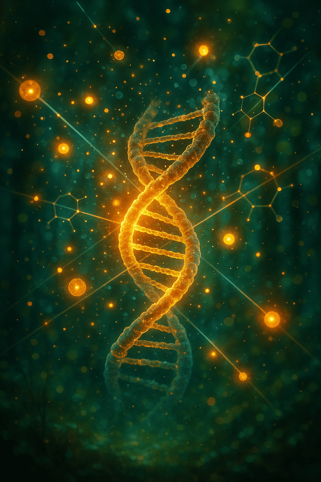 Visual representation of quantum biology showing DNA entangled with energy particles in a glowing biological setting.