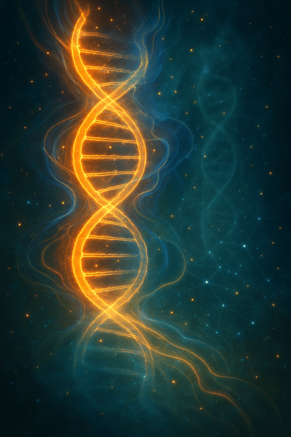 Energetic DNA strand with quantum light trails, representing the intersection of DNA structure and quantum fields.