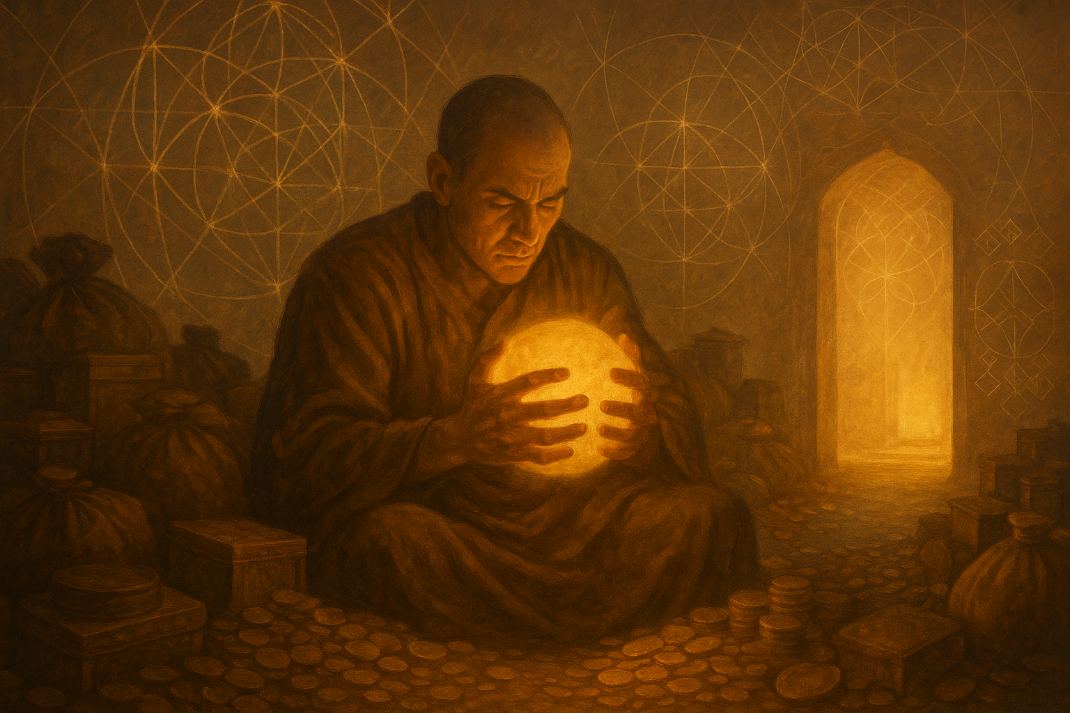 A digital painting in warm golden tones shows a man in monk-like robes tightly clutching a glowing orb. He is surrounded by piles of gold, coins, and chests inside a dark treasure-filled chamber. Behind him, an arched doorway shines with radiant light and sacred geometric patterns, contrasting the grasping posture with the expansive energy beyond.