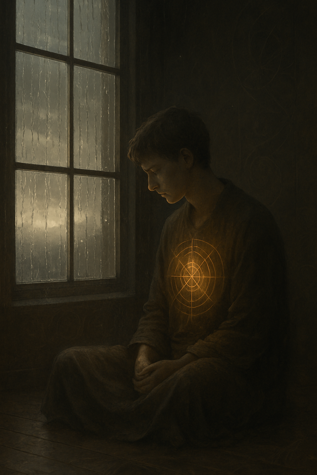 A digital painting in a semi-realistic style depicts a young figure sitting cross-legged on a wooden floor beside a rain-soaked window. The room is dimly lit, evoking stillness and solitude. A glowing golden geometric pattern radiates from their chest, symbolizing heart-centered healing amidst grief.