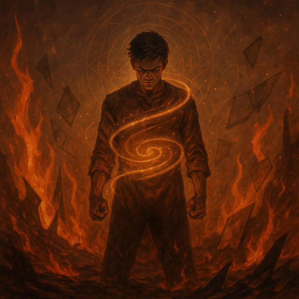 A digital painting in a semi-realistic style depicts a hooded figure lying on a stone bench among ancient ruins under a cloudy sky. A single golden thread of light rises from the figure’s chest and connects to a sunbeam breaking through the clouds, symbolizing a faint reconnection to purpose and divine awareness.