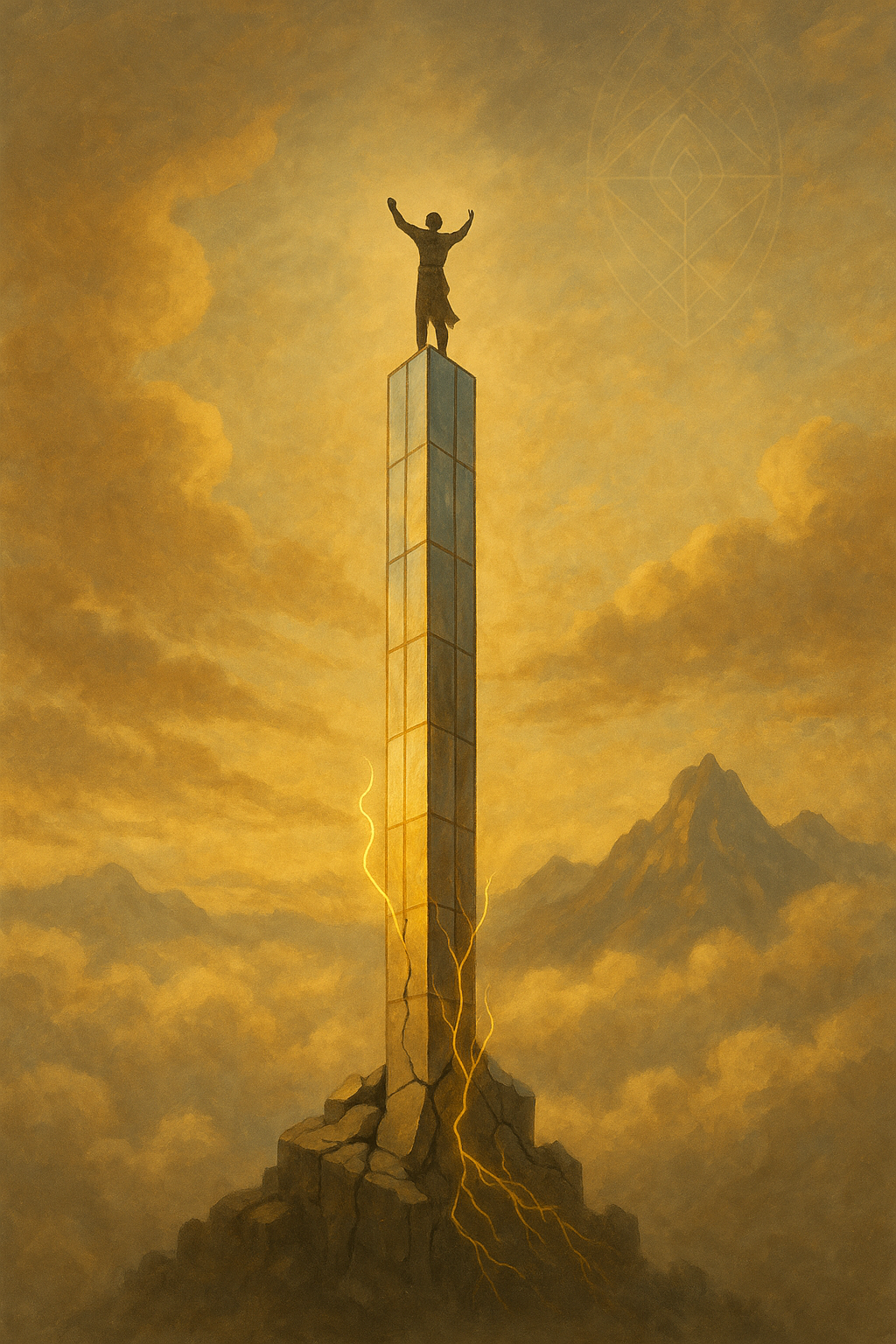 A digital painting depicts a lone figure standing triumphantly atop a towering mirrored spire above the clouds at sunset. Cracks form at the tower's base, where glowing golden vines climb upward, symbolizing humility reclaiming false elevation. Distant mountains rise in the background, representing the true summit yet to be reached.