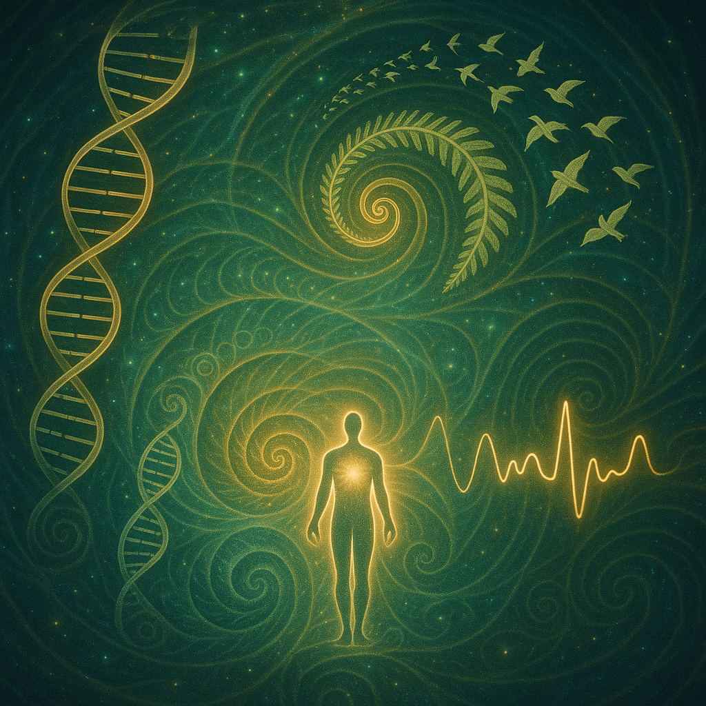 Fractal image of DNA, nature, heart rhythms, and energy fields forming a coherent biological pattern across life.